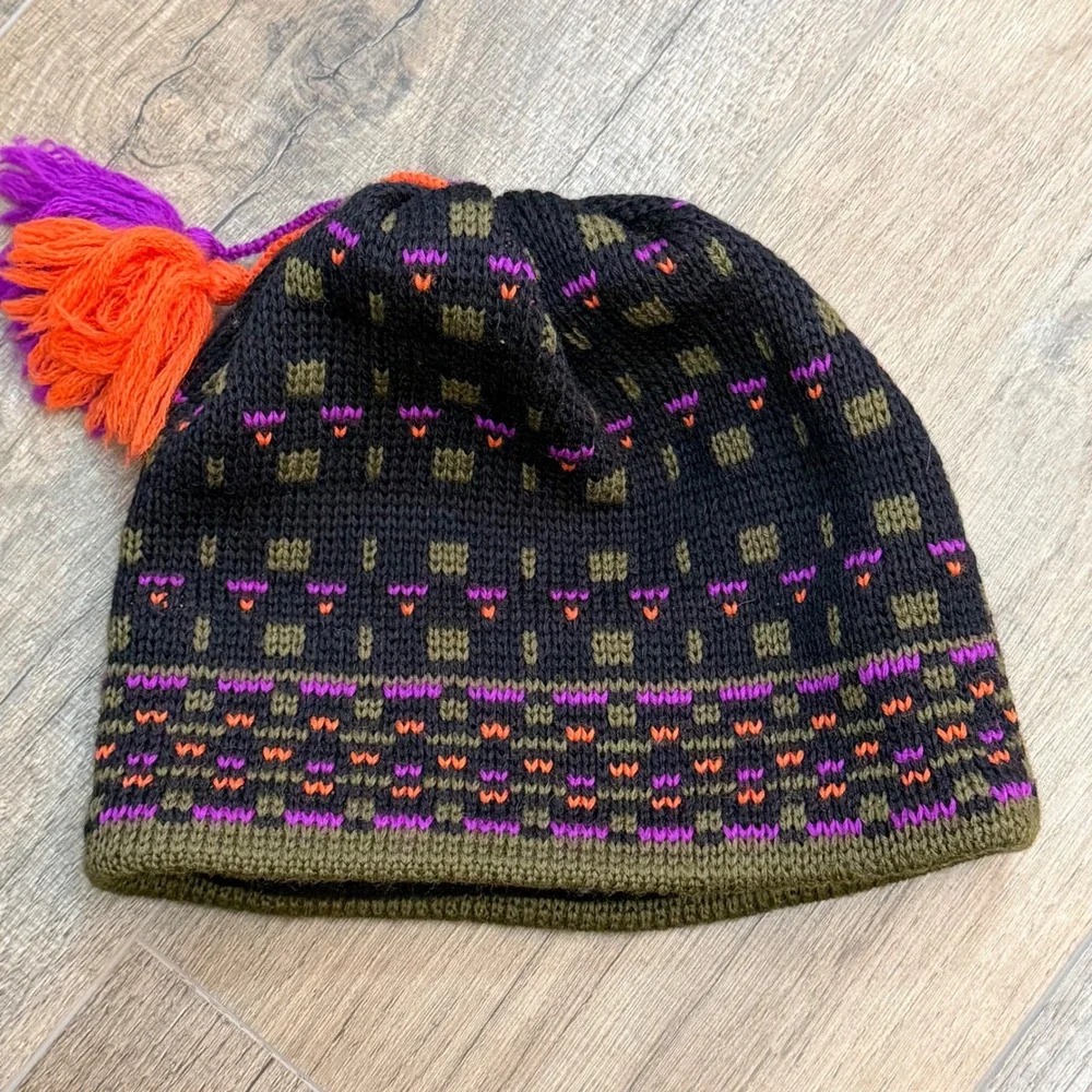 Smiley 100% Pure Wool Knit Beanie Tassel Fleece Lined Fair Isle Hat USA Gorpcore
